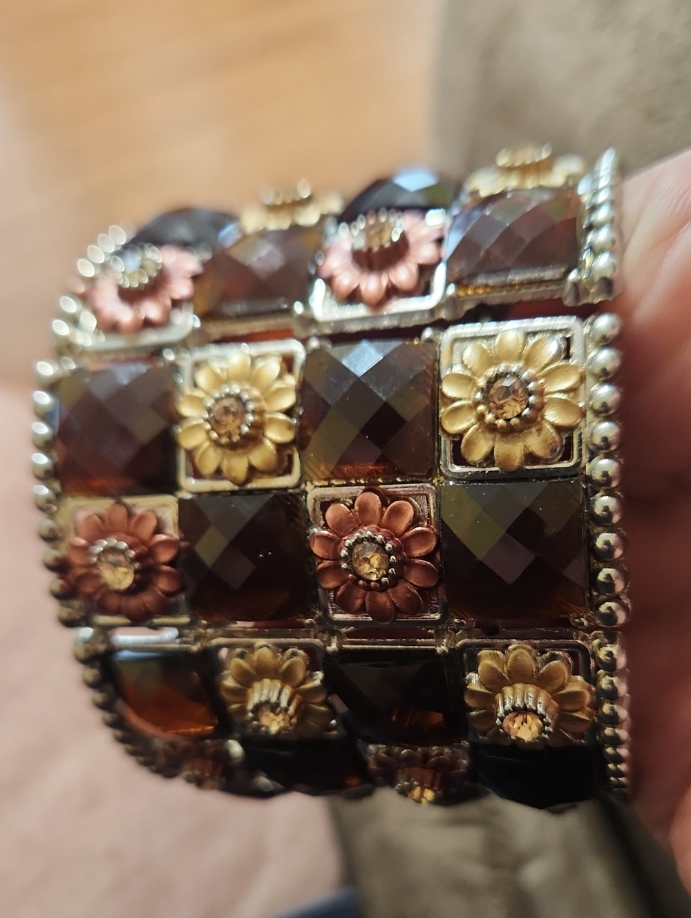 Handcrafted Brown and Gold Flower Bracelet